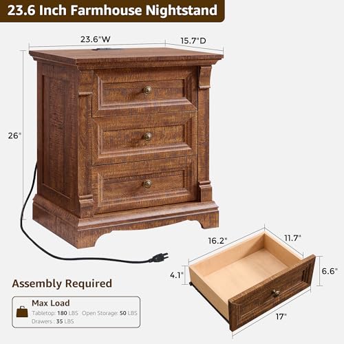 Image of 26 inch Tall Nightstand with Charging Station, 23.6 inchW End Table W /Roman Column