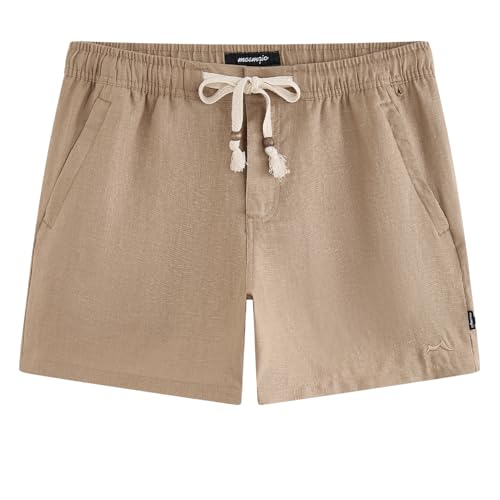 maamgic Mens 100% Linen Shorts Casual 5.5 Inch Drawstring Elastic Waist, Breathable Summer Shorts for Men Beach Vacation with Zipper Pockets, Dark Khaki