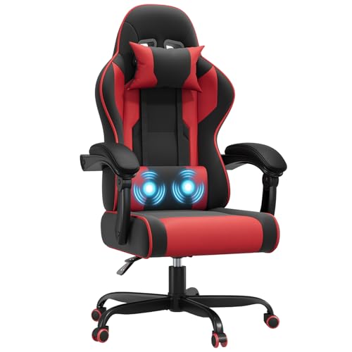 JUMMICO Gaming Stuhl mit Massagefunktion, Bürostuhl Ergonomisch 150kg, Gamer Stuhl mit 50 cm Extrabreites Sitzkissen, rot