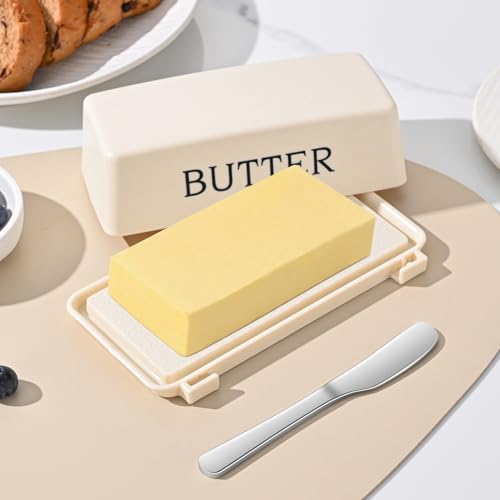 Butter Holder With Lid And Knife,Food Grade Plastic Butter Dish For Countertop,Large Butter Storage Container With Cover,White - Thumbnail 2