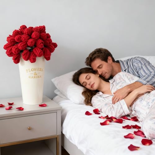 Image of Acteb Finished Crochet Flower Bouquet Blanket Valentine Gifts, Handmade Knitted Rose Flower Throw Blankets, White Elephant Gift for Adults Teens Kids Funny Useful, 61 Inch