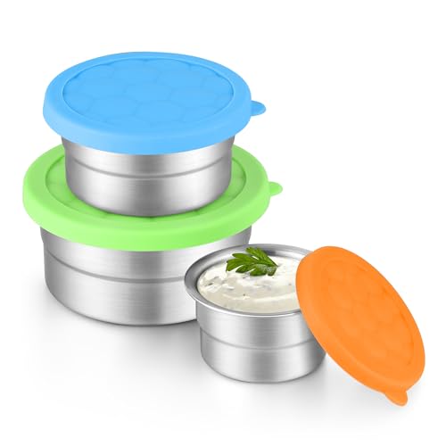 E-far Snack Containers with Lid Set of 3 (3, 6, 12.9oz), Stainless Steel Food Container for Kids Toddlers Adults, Round Metal Reusable Food Storage Box for Daycare School, Leak Proof & Stackable
