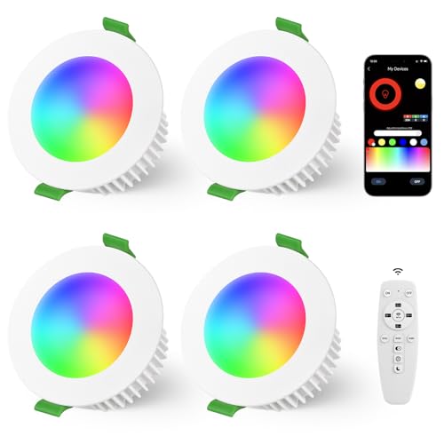 YindaLux 5W LED Einbaustrahler 230V RGB, 4 Stück LED Spots Warm bis Kaltweiss 2700K-6500K Dimmbar Steuerung mit App & Fernbedienung, Bohrloch 65-80mm IP44 Bluetooth Möbeleinbauleuchte, Weiß
