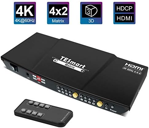 TESmart HDMI Matrix 4x2 4K 60Hz 3D D-o-l-b-y Vision,4 In 2 Out Matrix HDMI Video Switcher Splitter+EDID,HDCP, S/PDIF & Optical & 5.1/By Pass L/R Output with IR Remote Control Compatible for PS3 /PS4