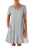 ANRABESS Women's Summer T Shirt Dress Casual V Neck Short Sleeve Floral Boho Flowy Mini Dresses 2026 Beach Vacation Clothes Black White Stripe Large