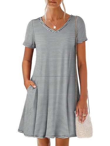 ANRABESS Women's Summer T Shirt Dress Casual V Neck Short Sleeve Floral Boho Flowy Mini Dresses 2026 Beach Vacation Clothes Black White Stripe Large