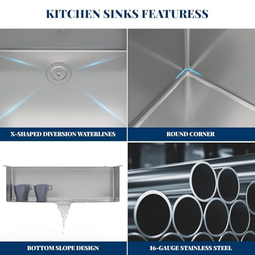 32 Inch Drop-in Kitchen Sink, Stainless Steel Single Bowl with Reveal Rim, 2.0cm Edge & 1.0mm Wall, Brushed Bottom Grid and Drain Assembly Included by PeakPursuit - Image 5