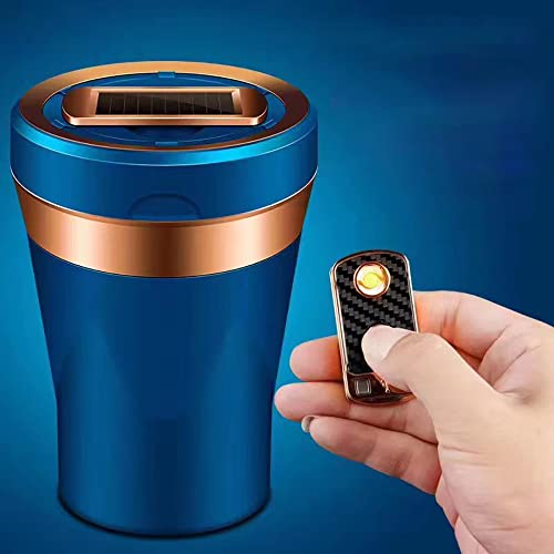 Image of Detachable Ceramics Car Ashtray with Lid Blue LED Light Red, Portable Ashtray Fit for Most Vehicles Homes Office, Removable Solar Energy USB Charging Ashtray