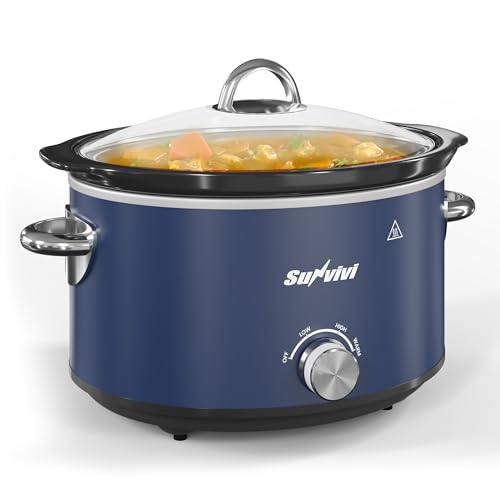 Image of SUNVIVIPRO 4QT Slow Cooker, Small Crock with 3 Heating Settings & Removable Ceramic Pot, Mini Food Warmer with Dishwasher Safe Glass Lid & Crock, Stainless Steel, Black/Silver/Blue