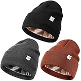 3 Pack Satin Lined Winter Beanie Hats for Women Men,Silk Lined Beanie Knit Soft Warm Cuffed Hat(Black+Dark Gray+Caramel)