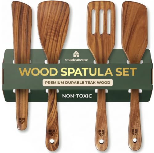 Wooden Spatula for Cooking, Teak Wood Set of 4 for Non Stick Frying Pan