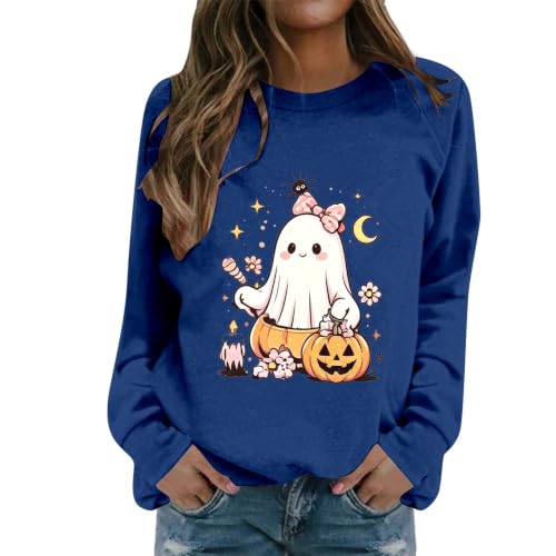 Halloween Funny Graphic Sweatshirt Ladies Ghost Print Long Sleeve Jumper,Navy,S (s)