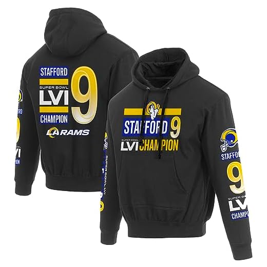 Fanatics Men's JH Design Group Group Matthew Stafford Black Los Angeles Rams Super Bowl LVI Champions Player Name & Number Pullover Hoodie