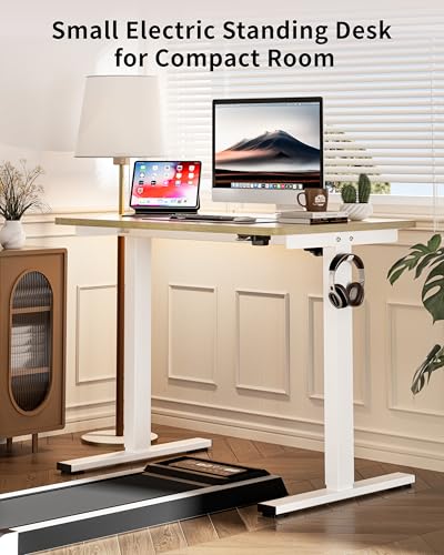 Image of Okin Small Electric Standing Desk, 36 inch x 24 inch Whole Piece Height Adjustable Desk, Oak Sit to Stand Computer Workstation for Home Office