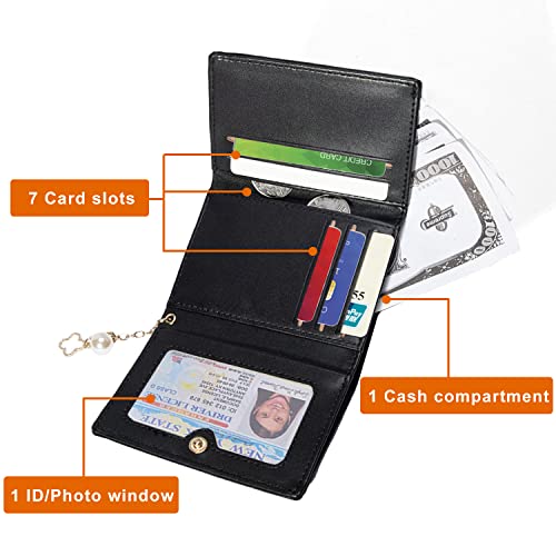 Sunwel Fashion Elegant Small Wallet with Chain Decoration Cash Credit Card Holder ID Window for Women Girls (BLACK)2