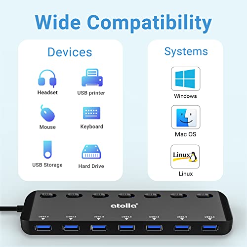 Atolla 7-Port Usb 3.0 Hub Splitter, Usb Extender Ultra Slim Data Usb Hub With Individual Power Switch And Leds #TOP4