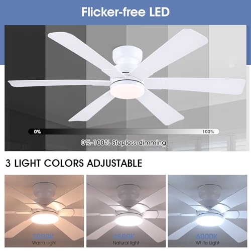 Image of 52 inch Low Profile Ceiling Fans with Lights and Remote, White Indoor Ceiling Fan Light with Quiet Reversible DC Motor,Modern Flush Mount Ceiling Fans with Dimmable LED for Bedroom Kitchen