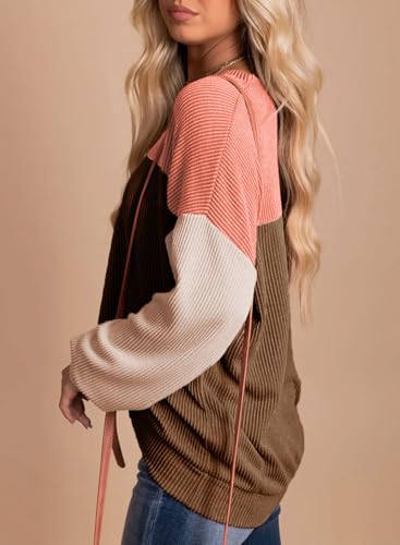 Image of Dokotoo Womens Tops Fashion 2026 Color Block Long Sleeve Shirts for Women Crewneck Knitted Casual Loose Blouses