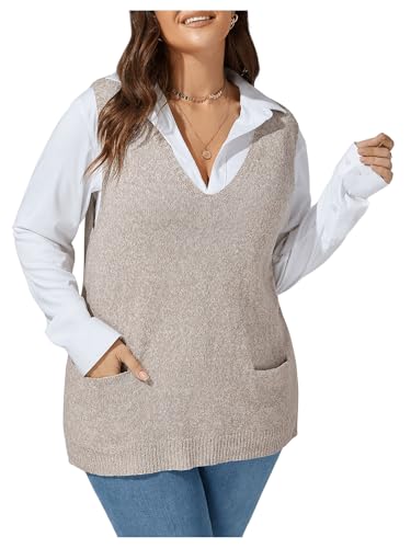 Image of OYOANGLE Women's Plus Size Sweater Vest V Neck Sleeveless Knit Sweaters Pullover Tank Tops with Pocket Beige XX-Large Plus