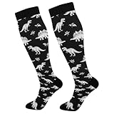 KOPIRIT Dinosaurs Black Compression Socks for Women Men Lightweight Circulation Compression Knee High Sock for Travel Running Athletic Hiking Cycling