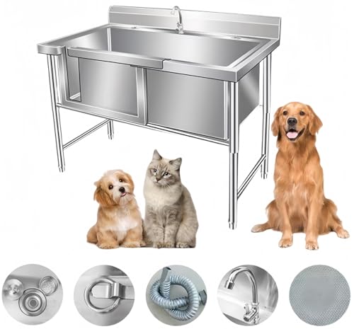 ZanLore ドッグバス 犬用グルーミングバスタブ ペットバス 犬用入浴タブ 大型犬用浴槽 厚い手 ステンレス鋼 組み立て簡単 洗浄ステーション 滑り止めパッド付き スライドドア 蛇口付き バッフル付き 頑丈 掃除が簡単 ウォッシュタブ 多機能 家庭用