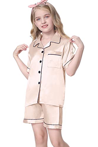 Image of Umeyda Women & Girls Pajamas Set, 2 Piece PJS Satin Silk Sleepwear Button-Down Top with Shorts for Mom Kids Gifts