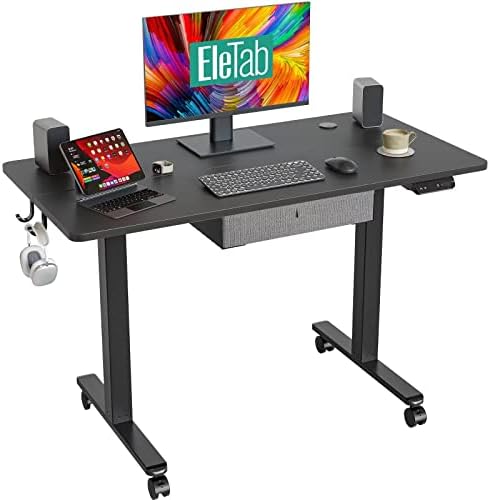 EleTab 48 x 24 Inch Electric Standing Desk with Drawer, Stand up Desk Adjustable Height for Home Office, Sit Stand Computer Desk, Ergonomic Workstation Black Steel Frame/Black Tabletop