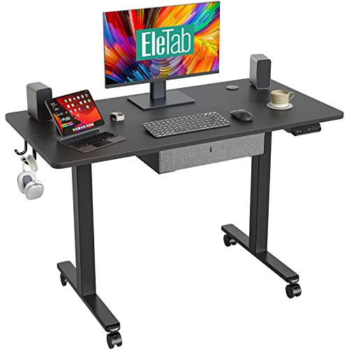 Eletab 48 X 24 Inch Electric Standing Desk With Drawer, Stand Up Desk Adjustable Height For Home Office, Sit Stand Computer Desk, Ergonomic Workstation Black Steel Frame/Black Tabletop #TOP2