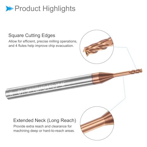 CoCud Vierkantkopf-Fräser, 1,5 mm x 10 mm Schneiden, Langhals, Titan (Nano-Scale) beschichtetes Karbid, 4 Schneiden CNC-Fräser-Bits - (Anwendungen: für Edelstahl, Gusseisen, Metall)