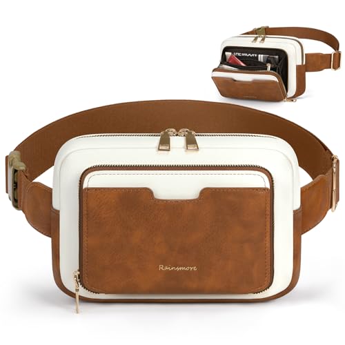 Image of RAINSMORE Fanny Packs for Women, Leather Belt Bag Waterproof Everywhere Crossbody Waist Pack with Adjustable Strap Retro Sling Chest Bag for Work Running Travel Party, Brown with White
