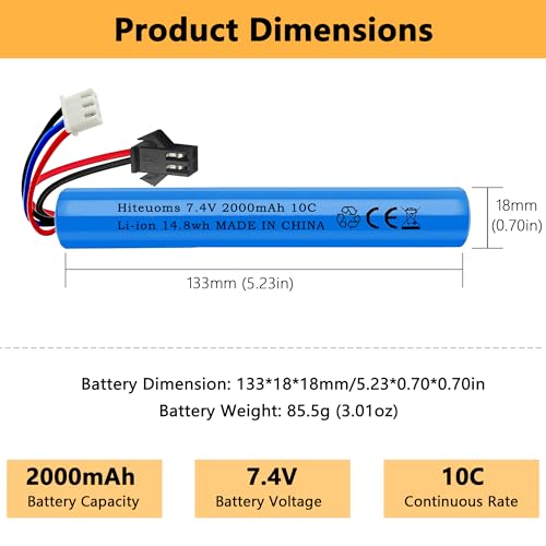 Hiteuoms 2PCS 7.4V 2000mAh Battery Splatter Ball Gun Battery for Splatrball SRB1200 400 400-SUB Gel Blaster or Airsoft with 2 Pack USB Charging Cable Rechargeable Battery SM2P XH-3 Plug - Thumbnail 4