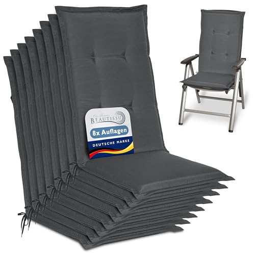 Beautissu 8er Set Gartenstuhlauflage 120x50x6 cm Loft HL Graphitgrau – Hochlehner Polster Auflage, Sitzpolster & Sitzkissen für Hochlehner Gartenmöbel - Weiche Stuhlauflage mit Schaumkern Füllung