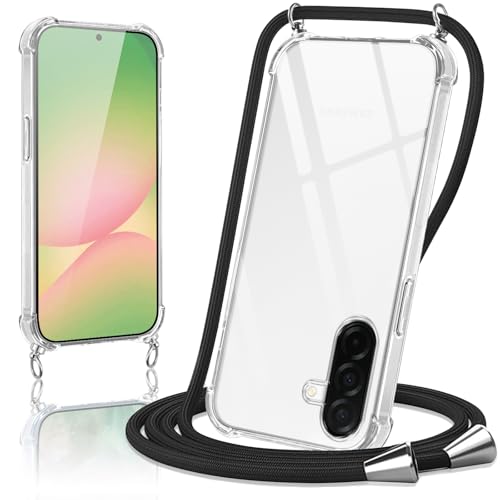 Micnkifo Handyband Hülle mit Band für Samsung Galaxy A56 5G, Necklace Handyhülle mit Kordel Schutzhülle für zum Umhängen, Transparent TPU Case Stoßfest Kratzfest Silikon Cover mit Kette, Schwarz