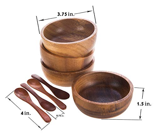 Bestysuperstore 3¾" Mini Acacia Round Wooden Bowl Small Size For Condiments, Dip Sauce, Nuts, Candy, Fruits, Appetizer, And Snacks, Calabash Wood Bowls Dia 3.75"X 1.5 H - Set Of 4 (Free 4 Wood Spoons) #TOP1
