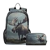 PDZRMY Backpack Moose Forest Moutain Book Bag Daypack Shoulder Bag Lightweight Back Pack with Lunch Box Travel Laptop Daypack 18.5 x 11.8 In