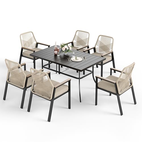 PHI VILLA Table Chaise de Jardin Exterieur, Table a Manger avec 6 Chaises Rotin avec Trou de Parasol Fer Forgé Terrasse Balcon