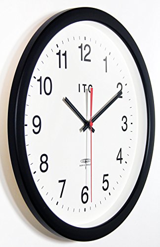 Infinity Instruments 14 inch Atomic Radio Controlled Shatter Resistant Round Non-Ticking Silent Battery Operated Easy to Read Clock for Office, Classroom, School, Black