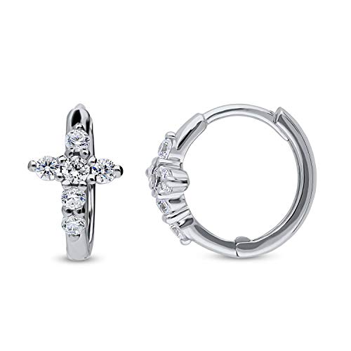 BERRICLE Rhodium Plated Sterling Silver Cubic Zirconia CZ Cross Small Fashion Hoop Huggie Earrings 0.5 