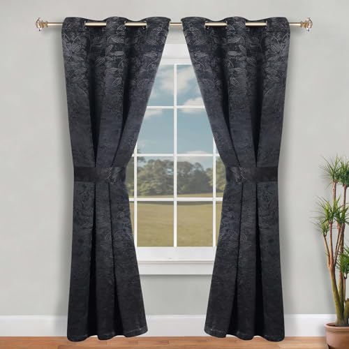 Superior Semi Blackout Curtains - Modern Leaves - 46" x 96" - Grommet Header - Thermal Insulated, Sun Blocking & Room Darkening Drapes for Bedroom, Living Room - Set of 2 Panels - Black