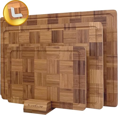 SliceElite Extra Large Bamboo Cutting Board Set 3 Piece End Grain Wooden Chopping Boards with Holder Non Slip Feet Juice Groove XL Butcher Block Style Boards for Kitchen Carving and Serving by SliceElite - Image 9