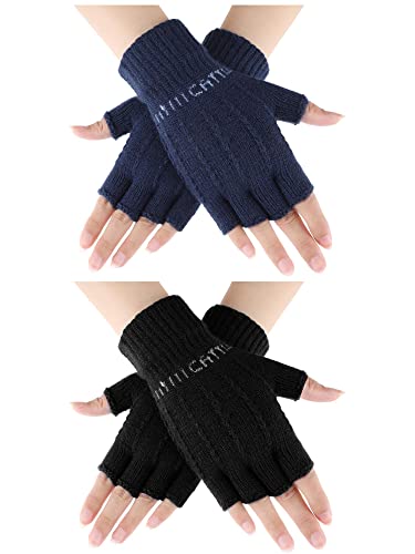 2 Pares Guantes sin Dedo de Invierno de Punto Guantes de Medio Dedo Elástico Unisex, Talla Común Cover