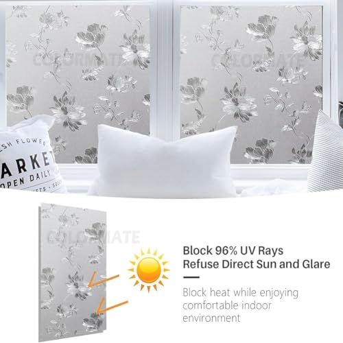 Image of COLORMATE Premium Vinyl Stained Frosted Window Glass Film (12x100 Inch) - Self-Adhesive Wallpaper Sticker Opaque Tint for Window Glass Privacy Cover, Door, Office, Home.| Anti-UV. Frosted Flowers