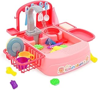 Pretend Play Kitchen Toys Children Dishwasher Playing Sink Toy with Running Water & Cleaning Sponge&Tableware Utensils Accessories Fruit for Toddlers Kids(Pink1)