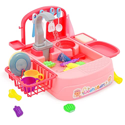 Pretend Play Kitchen Toys Children Dishwasher Playing Sink Toy with Running Water & Cleaning Sponge&Tableware Utensils Accessories Fruit for Toddlers Kids(Pink1)