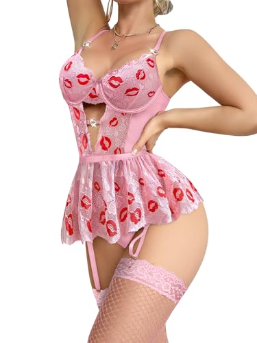 Image of Lilosy Sexy Lingerie Set 3 Piece Women Corset Bodysuit Skirt | Rhinestone Heart Stocking Garter Plus Size Underwire Mesh Sheer Lace Push Up Babydoll Halloween Christmas Valentine's Bridal