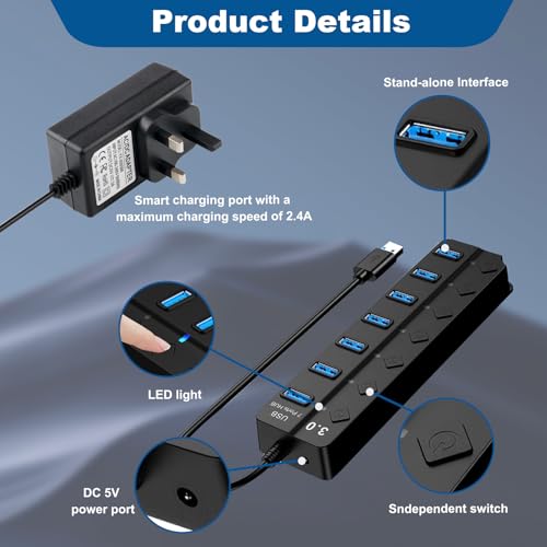 USB 3.0 Hub Powered 7-Port Splitter with 5V 3A Power Supply Adapter with Individual On/Off Switches and Lights Extension Splitter AC to DC 5V Adapter for Windows, Apple MacBook, PC Laptop and More - Image 4