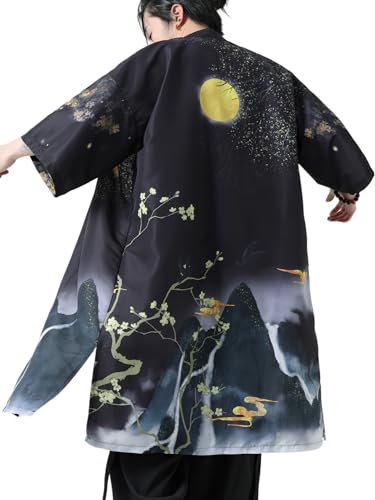Ambcol Men Japanese Kimono Coat Loose Yukata Outwear Long Bathrobe Tops Vintage Black-E Large