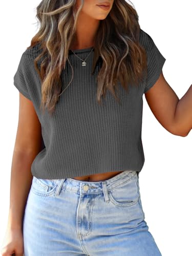 Image of LCXWFE Womens Summer Cropped Sweater Vest Trendy Cap Sleeve Crop Tops Crew Neck Loose Knit Tank Top