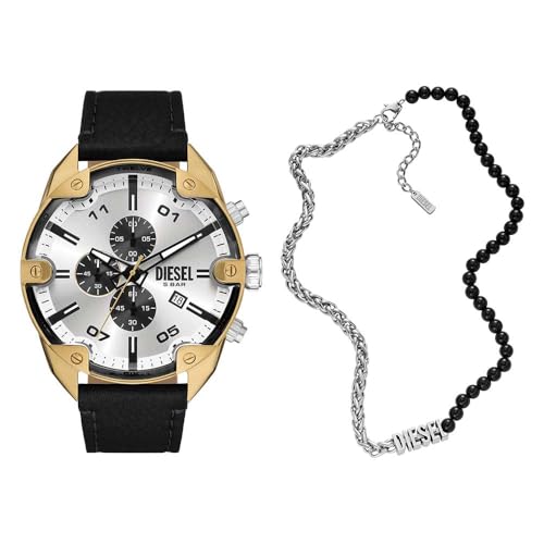 Montre Diesel Spiked homme cuir noir avec collier acier inoxydable argenté font
