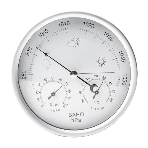 Analoge Wetterstation: 3in1 Barometer Hygrometer & Thermometer für Innen und Außen - Ø 13,2cm Edelstahl Rahmen Retro Barometer analog für...